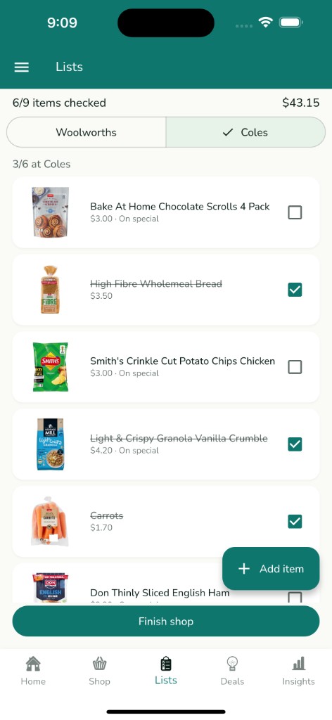 Squirroo Lists screen with Coles items ticked off one by one during a shop