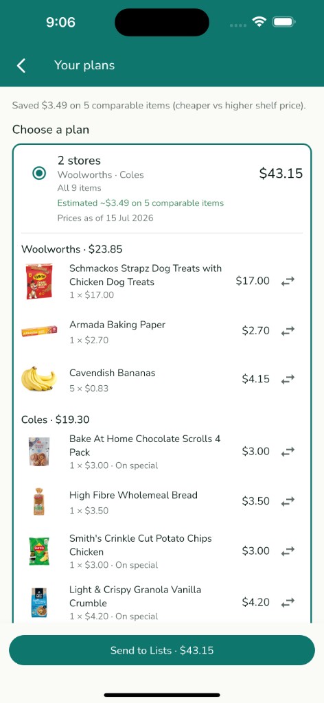 Squirroo plan screen comparing a 2-store split across Woolworths and Coles against a single-store total, showing the cheapest option at $43.15