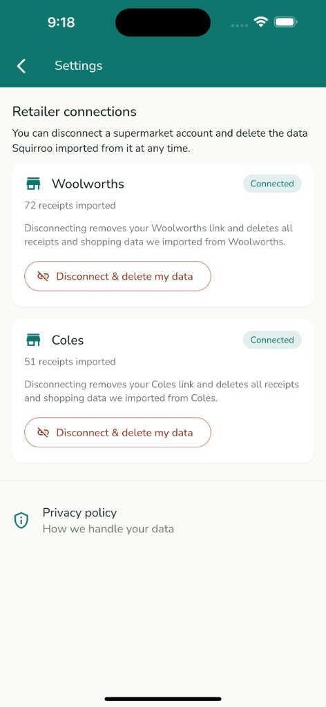 Squirroo Settings screen showing Woolworths and Coles connected, each with a Disconnect and delete my data option