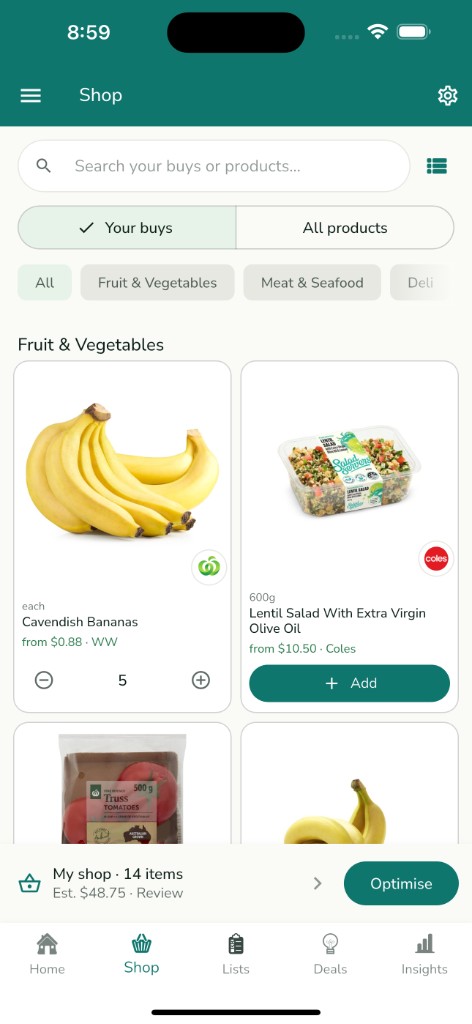 Squirroo Shop screen showing Your buys: a personalised list of Cavendish bananas, lentil salad, and other items you actually purchase, priced across Woolworths and Coles